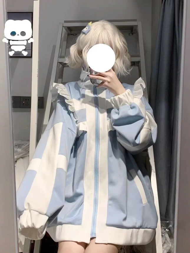 Women clothing Y2K Sweet stitch Subculture Patchwork Hoodies Women's Autumn Winter Ruffled Hoodie with Fleece Loose Zipper shirt