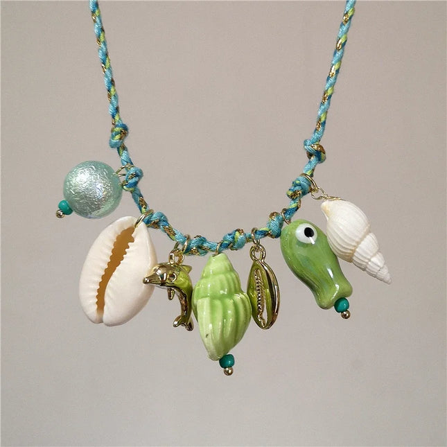 Cute Green Ceramic Fish Conch Shell Starfish Mushroom Pendant Bead Choker Neck Necklace For Women Summer Beach Vacation Jewelry