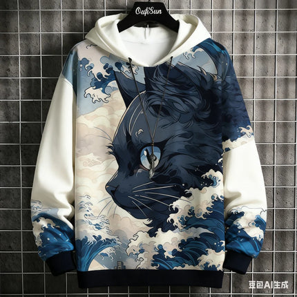 Japanese Samurai Cat Print Men's Hoodies Autumn and Winter Comfortable Loose Pullover Fashion Casual Sweatshirts Street Clothes