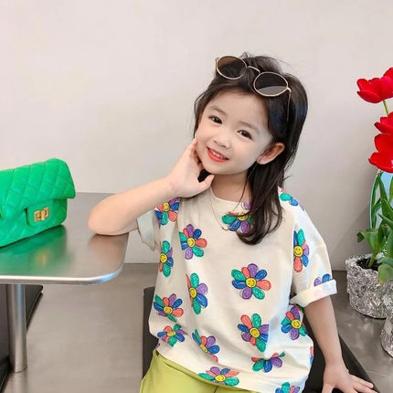 1pcs Summer Kids Flower Print Tops Clothes Girls Korean Style Shirt Children Short Sleeve T-shirts Child Casual Comfort T Shirs