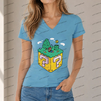 XS-5XL Fashion Super Mario Women T-shirt Streetwear V Neck Short Sleeve New Hot Sale Women's Party Summer Cuteore Harajuku Style