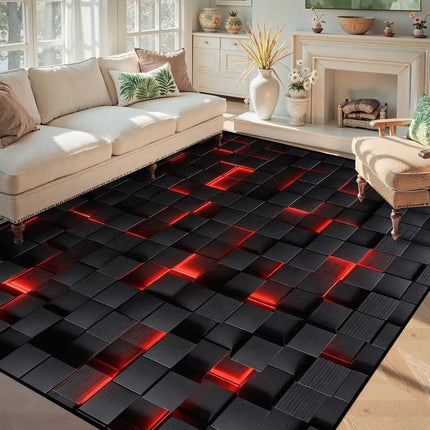 Black Red 3D Cube Print Rug, Glowing Square Block Geometric Pattern, Non-Slip Washable Mat for Living Room Sofa Dining Room Indoor