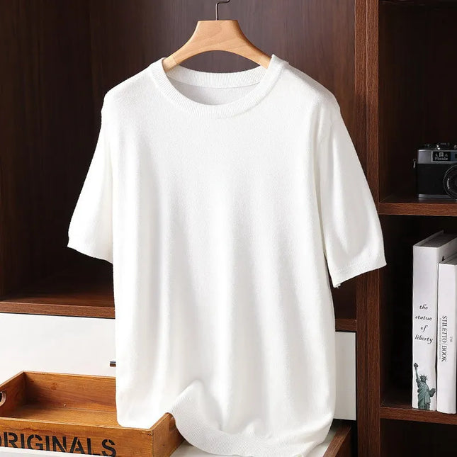 High Quality Oversized Cashmere Knitted O-neck T-shirt for Men Short Sleeve Tee Solid Color Trend Leisure Gray White Black Blue