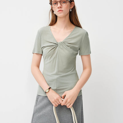 FSLE 2026 Spring Summer Women's Slim Fit V-Neck Short Sleeve Knit Top Mulberry Silk Cupro Blend Shirt for Lightweight Soft Touch