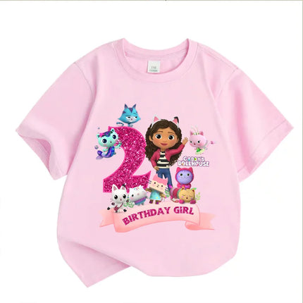 Gabby's Dollhouse Birthday Number T-shirt Girls White Pink Short Sleeve T-shirts Tops Cotton Summer Casual Party Supplies Tee