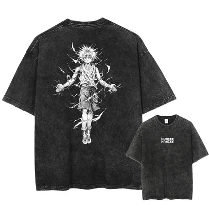 Hot Anime HUNTER×HUNTER Killua GON Graphic Print Washed TShirt Oversized Cotton Tshirts Harajuku Harajuku Vintage Trendy T Shirt