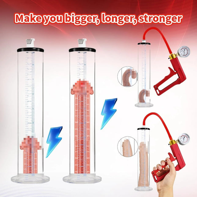 2026 New Upgrade 9" X 1.75" Penis Pump With Vacuum Gauge Red Handle, Vacuum Penis, Manual Penis Pump For Men, Enlargement, Pen
