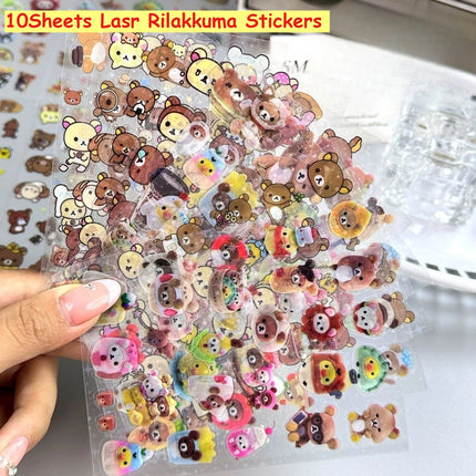 10Sheets Cartoon Cute Rilakkuma Stickers Die-cutting Sticker Anime Decals Handbooks Material Flashing Laser Sticker Kid Toy
