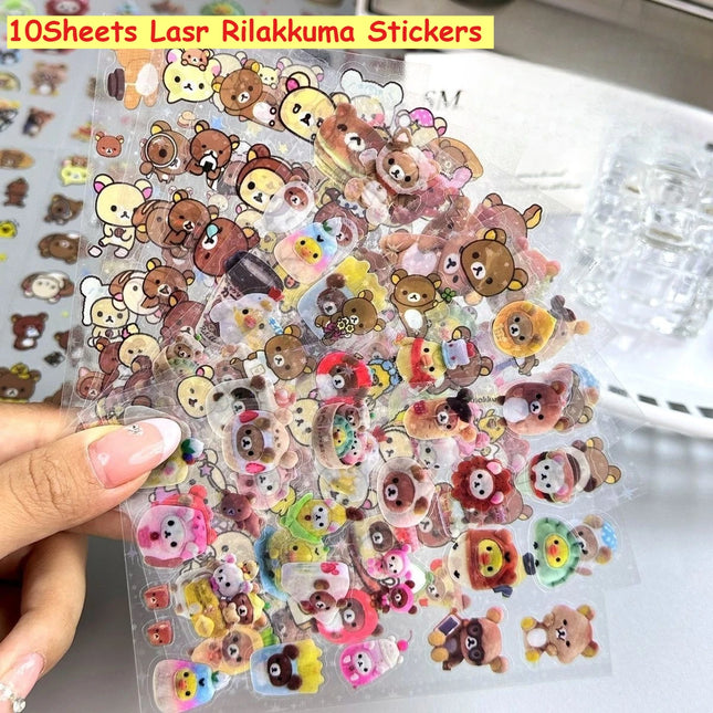 10Sheets Cartoon Cute Rilakkuma Stickers Die-cutting Sticker Anime Decals Handbooks Material Flashing Laser Sticker Kid Toy