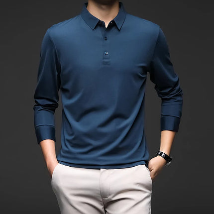 Minglu Mulberry Silk Men's Polo Shirts Luxury Long Sleeve Solid Color Golf Male T-shirts Spring Autumn Business Casual Man Tees
