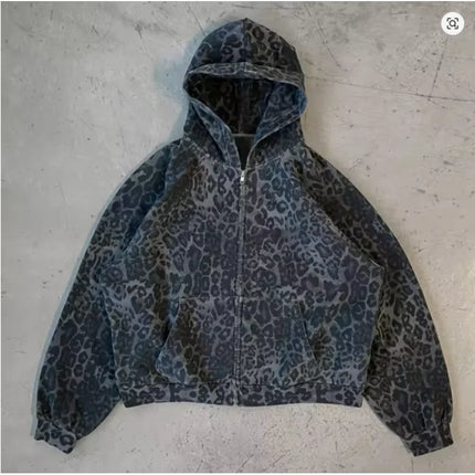 2025 autumn and winter European and American Harajuku new warm leopard print dark design fashionable zipper hooded sweatshirt