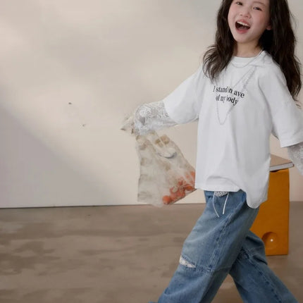 Fake Two Piece Lace Girls Clothes 11 To 12 Years Children's Clothing From 10 Korean Kids 7 T Shirt Outdoor T Shirts Top Girl 8 4