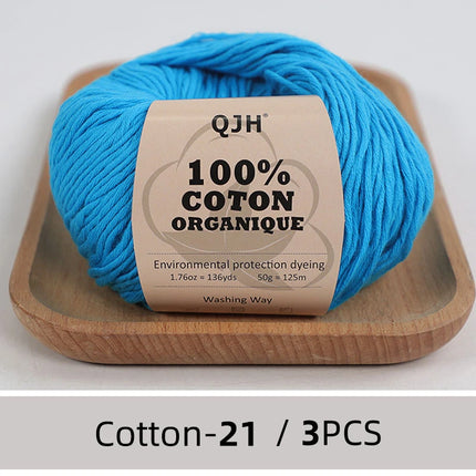 3PCS 100% Organic Cotton Yarn Machine Washable For Adult Baby Sweaters/Gloves/Scarves/Hats Etc. 50 gr (1.76 oz) 125 m (136 yrd)