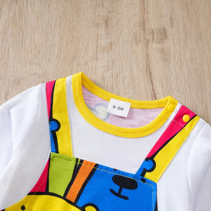 Faux Suspenders & Colorful Bear Print Spring and Autumn baby clothes 0-18Months Boys and Girls Baby Long-Sleeve Romper Newborn