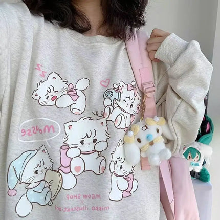 Japanese Kawaii Cartoon Print Long-sleeve Hoodies Harajuku Subculture Aesthetics Sweet Hoodie Tee Fashion Casual Loose Cute Tops