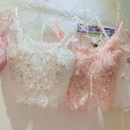 Women's Clothing Heavy Beaded Floral Tank Sexy Crop Tops Ropa Mujer Lace Butterfly Top Navel-Baring Sexy Cropped Top Summer Camis