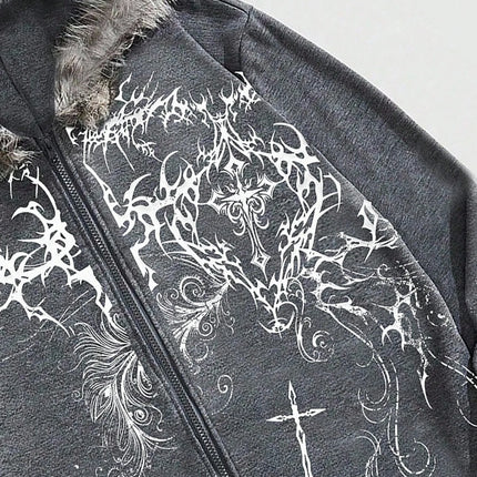 2026 New Women's Winter Fleece Collar Zip Up Hoodie Cross Print Gothic Hip Hop Loose Fit Long Sleeve Sweatshirt