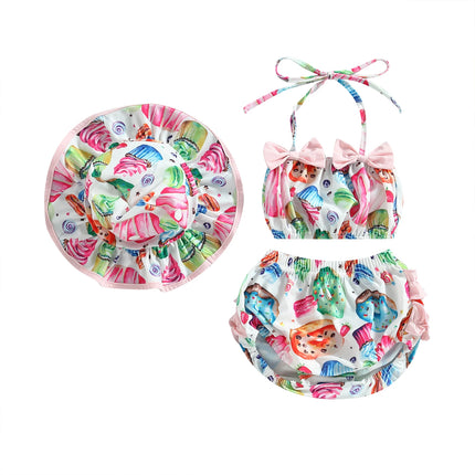 Citgeett Summer Infant Baby Girl Swimsuits Fruit Print Bandage Halterneck Sleeveless Tops Beach Shorts and Hat Swimwear