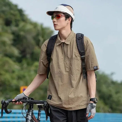 Retro Outdoor Men's Short-Sleeved T-Shirt with Half-Zip: Sun-Protective, Loose-Fitting, Quick-Drying and Breathable