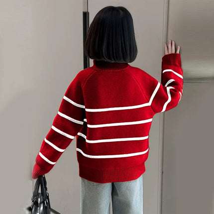 Kids New Design Striped Polo Sweater with Half Zipper For Teens Girl Turtleneck Knitwear Children Autumn Knitted Pullover Outfit
