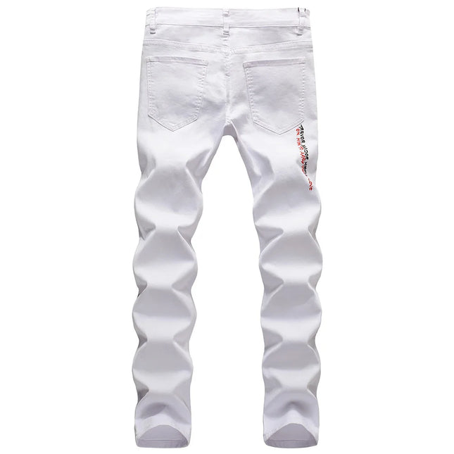 Men Letters Embroidery Printed Jeans Streetwear Slim Straight Stretch Denim Pants Black White Holes Ripped Trousers