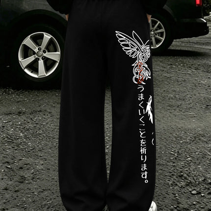 Men's Harajuku Tribal Dragon Vertical Japanese Text Print Wide Leg Sweatpants Drawstring Soft Asian Street Loose Trousers