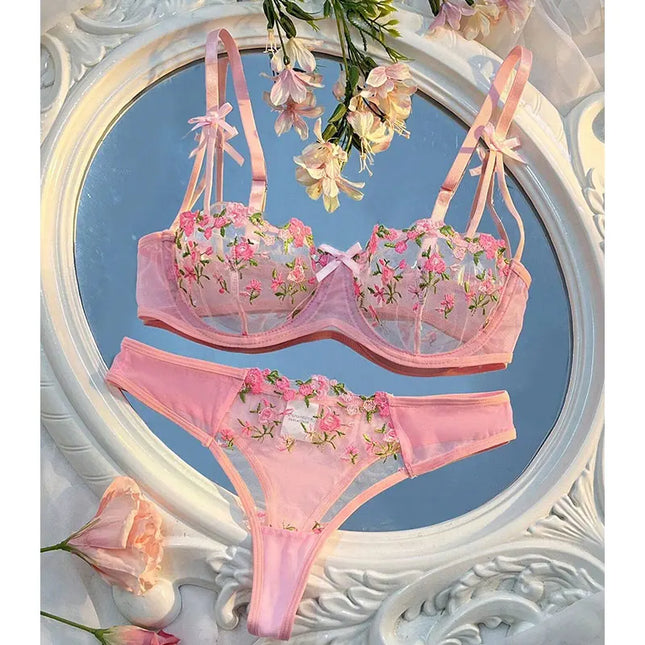 Round Up Night Beautiful Sexy Women 2 Piece Floral Embroidery Underwear Sexy Erotic Lingerie Underwear Lenceria Sexy Sets