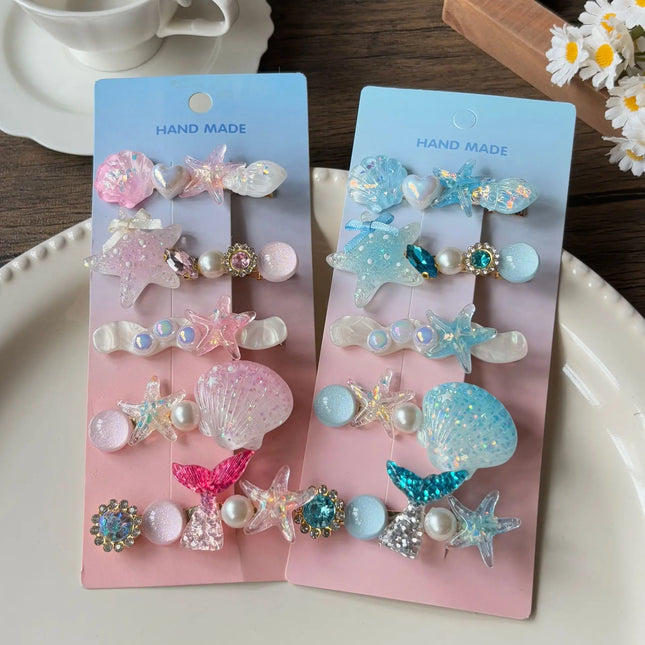 5Pcs Mermaid Hair Clips Set – Candy Color Shell & Starfish Side Bangs Clamps, Cute Ocean Theme Hair Accessories for Girls