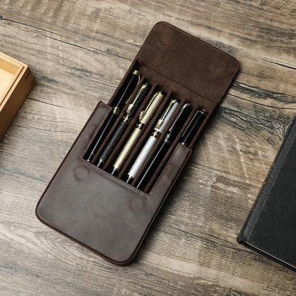 CONTACT'S FAMILY Handmade Fountain Pen Case Genuine Leather Holder Pencil Pouch Retro Pen Box Organizer School Office Men Women