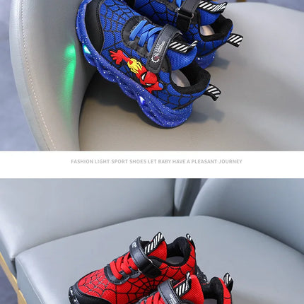 LED Casual Sneakers Red Black For Spring Boys Mesh Outdoor Spider-Man Shoes Children Lighted Non-slip Shoes Size 21-30