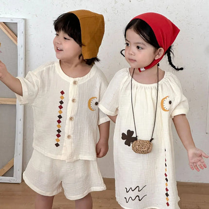 RAISE 2026 Summer Siblings Attires Children Pure Cotton Pajamas Set Kids Boys Tees+shorts Homewear Suit Kids Girls Print Dress