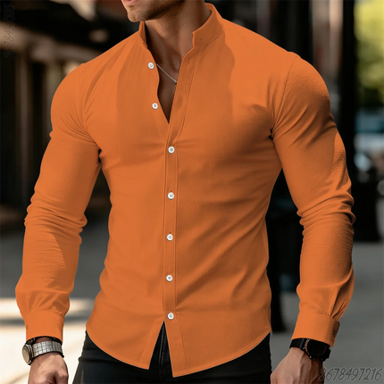 21 New Colors Men's Solid Color Long-Sleeved Stand Collar Shirt, Comfortable, Casual, Business, High-Quality, Elegant Men's Top