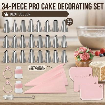 34pcs Piping Tips Set with TPU Bags & Scrapers - Icing Nozzles,Converters, Brush Complete Cake Decorating Kit for Beginners