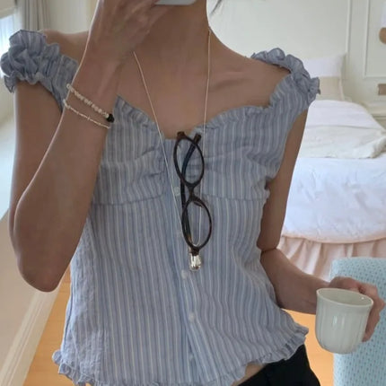 Korean Sle ort Striped Vest Women Summer Outerwear Subtle Design Single Button Lobone Trendy Age-Defng Top