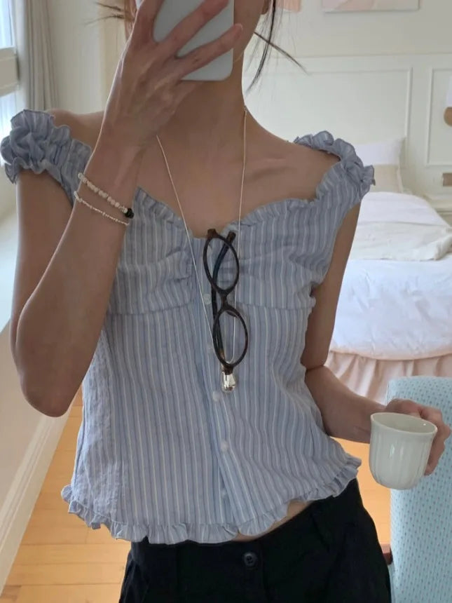 Korean Sle ort Striped Vest Women Summer Outerwear Subtle Design Single Button Lobone Trendy Age-Defng Top