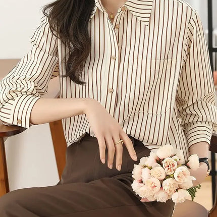 Women's Striped Shirt Casual Long Sleeve Fashion Outerwear Korean Style Spring Autumn New Arrival Elegant French Feel Top