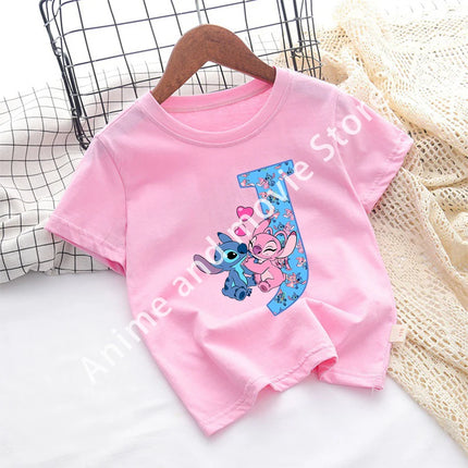Stitch Disney T Shirt for Girls Children Clothes Tops Children's Clothing Letter A-Z Cotton Short Sleeve Summer Child Cute Gifts