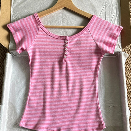 Pink Striped Collection Tshirt Women Simple Casual Cotton Buttons T-shirts Sweet Cute Preppy Style Camisole+Slim Short Pants Y2K