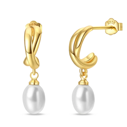 925 Sterling Silver Gold Pearl Hoop Earrings Pave Large Circular Shape Earring Gift for Women Jewelry Anniversary Wedding