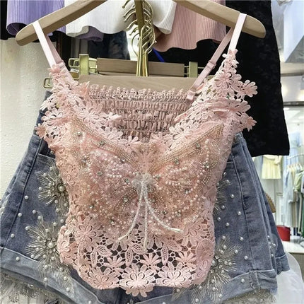 Women's Clothing Heavy Beaded Floral Tank Sexy Crop Tops Ropa Mujer Lace Butterfly Top Navel-Baring Sexy Cropped Top Summer Camis