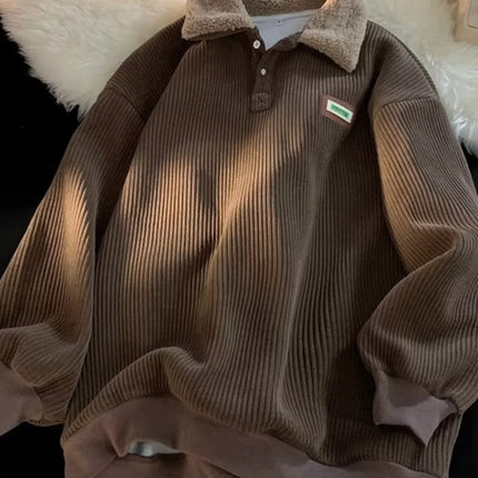 Lamb Velvet Collar Sweatirt Men's Autumn Winter Thiened Fce Loose Japanese Sle Retro Versatile Corduroy Jaet Top