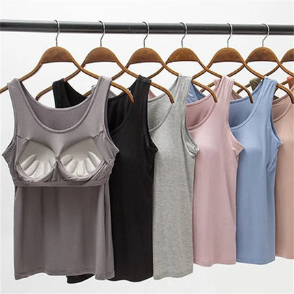 2025 Women's Vest Tops With Built-in Bra Neck Vest Padded Slim Fit Tank Tops Sexy Shirts Feminino Casual Underlay Slimming Shirt