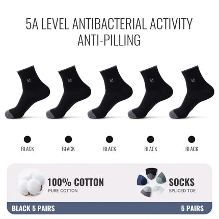 MiiOW 100% Pure Cotton Socks Men Business Dress Sock Anti Odor Crew Socks Antibacterial Breathable Sports Long Sock Black White