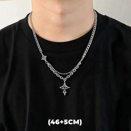 Hip Hop Zircon Star Double Layer Necklace For Men Women Trend Charm Titanium Steel Pendant Chain Unisex Jewelry Wholesale