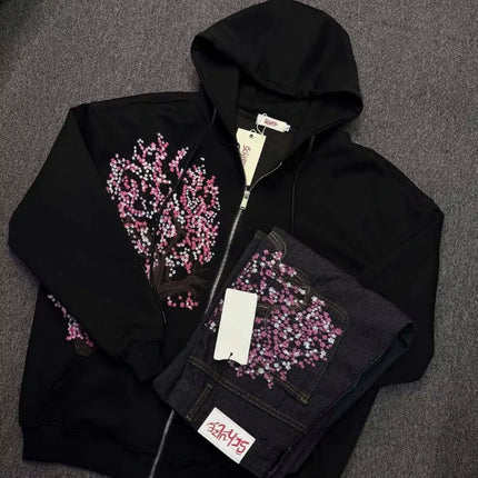 Personality Retro Trend Zipper Casual Hoodies Flower Tree Pattern Street Style Women Harajuku Goth Embroidery Y2k Relaxed Coat