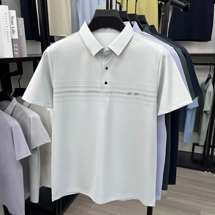 Summer Gentle Men's Polo Shirt Striped Pattern Ice Silk Short Sleeve Smooth Breathable Office Daily Commute Top