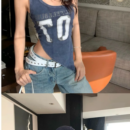 American High Street Hot Girl Slanted Collar Off-Shoulder Irregular Letter Print Camisole Vest Women's Retro Slit Top Y2K 2000s