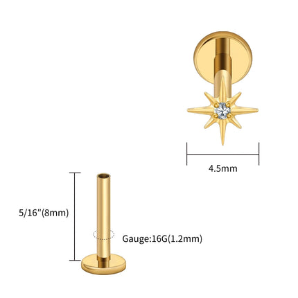Right Grand ASTM F136 Titanium CZ North Star Flat Back Earring 16G Tiny Starburst Helix Cartilage Stud Earlobe Piercing Jewelry