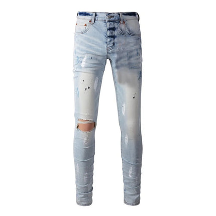 High Street Men's Jeans American Distressed Dark Black Coated Blank Stretch Skinny Button Fly Ripped Pants Trousers