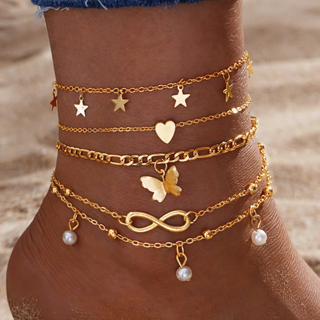 5pcs Boho 8 Charm Anklet Set for Women Vintage Pearl Butterfly Star Heart Pendant Chain Leg Jewelry for Summer Beach